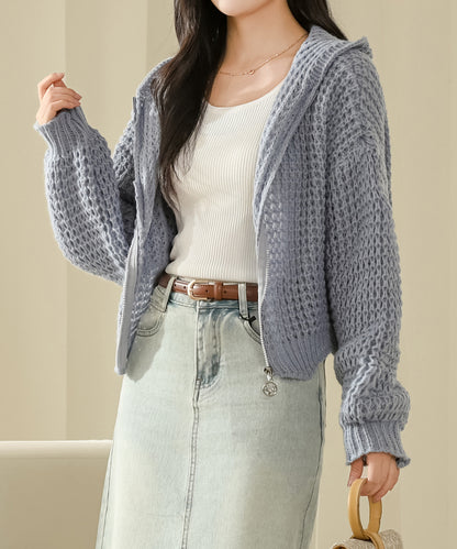 フロントジップ フーデット コンパクト ニット カーディガン