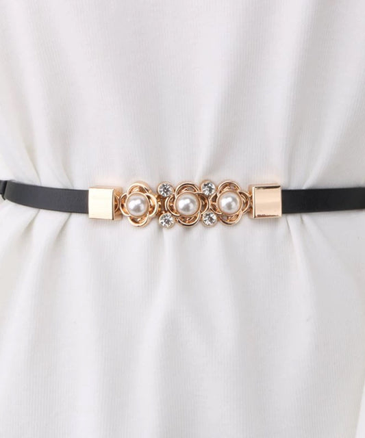 レザー調 パール ビジュー バックル スリム ベルト