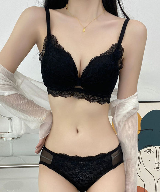 リボン ギャザー カットアウト フラワー レース ブラジャー&ショーツ セット
