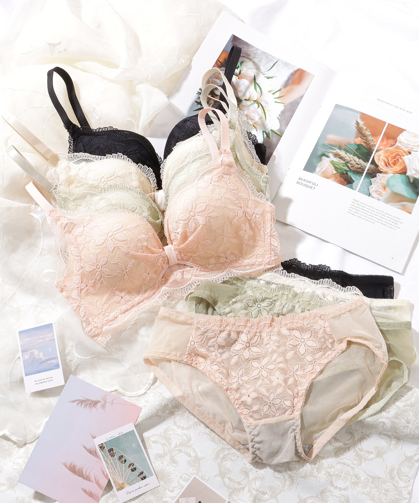 【2点セット】 フラワー 刺繍 フレンチ レース ノンワイヤー ブラ