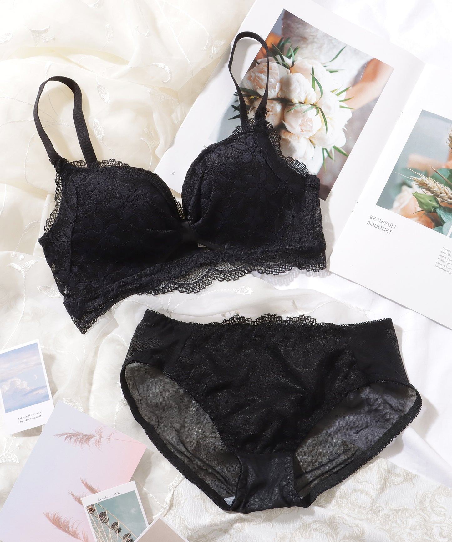 【2点セット】 フラワー 刺繍 フレンチ レース ノンワイヤー ブラ