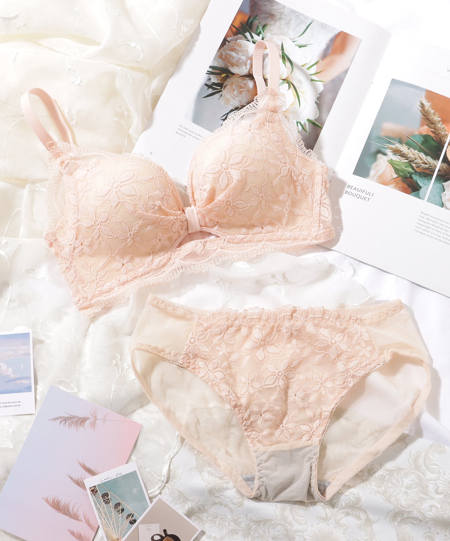 【2点セット】 フラワー 刺繍 フレンチ レース ノンワイヤー ブラ