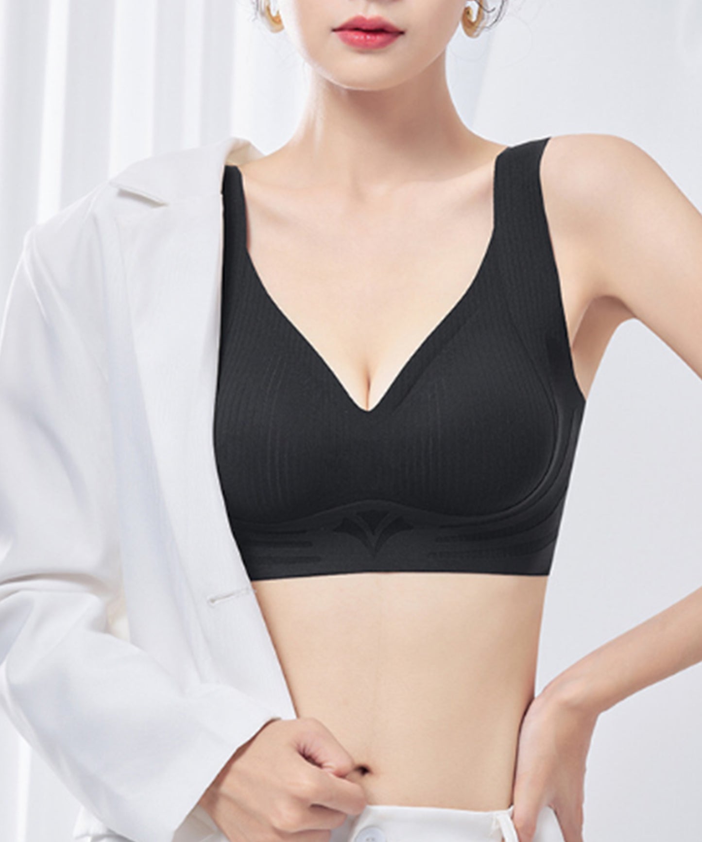 ソリッドカラー Vネック ノンワイヤー 脇高 ブラジャー