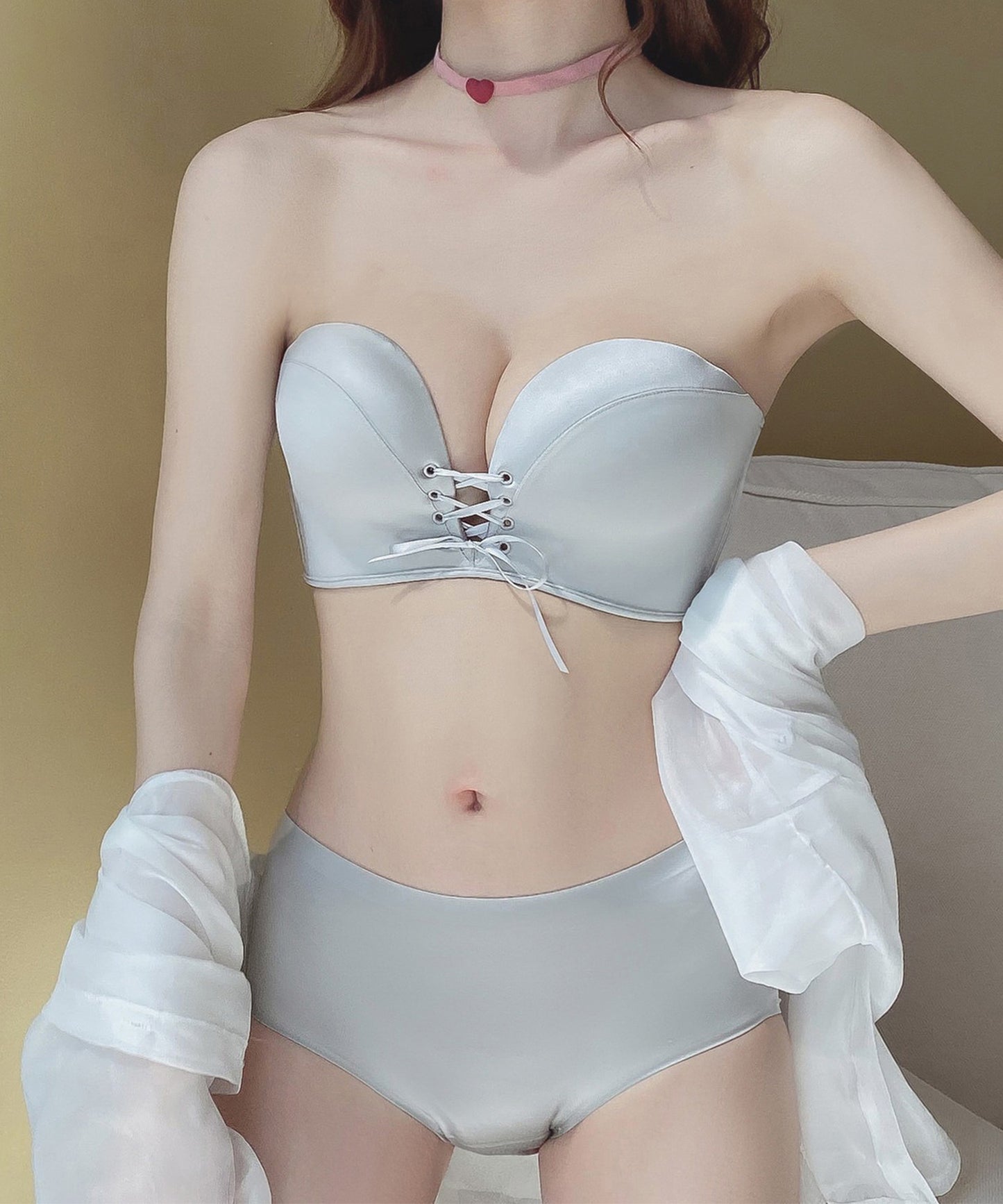 【2点セット】ソリッドカラー レースアップ 2WAY ブラジャー&ショーツ