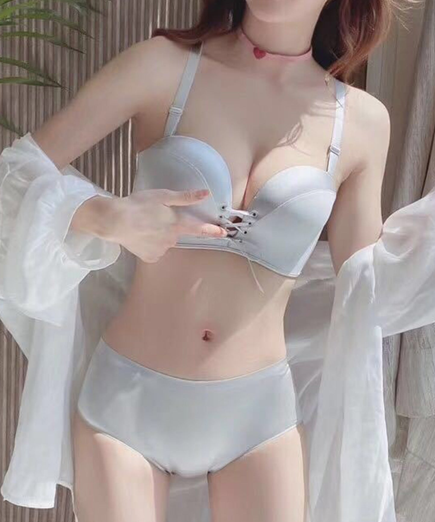 【2点セット】ソリッドカラー レースアップ 2WAY ブラジャー&ショーツ