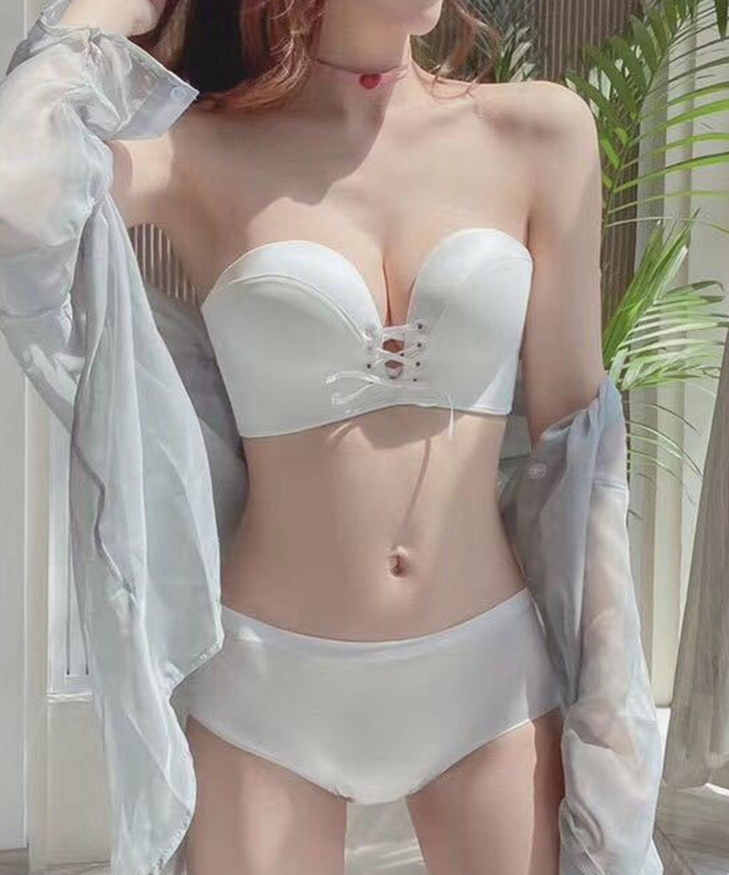 【2点セット】ソリッドカラー レースアップ 2WAY ブラジャー&ショーツ