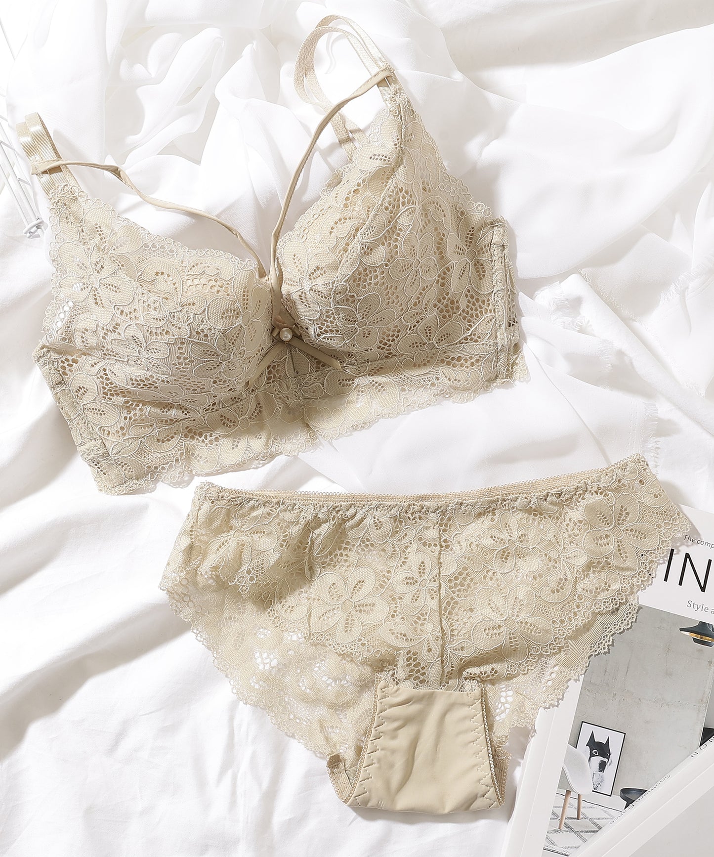 【2点セット】ロマンチック フル レース ノンワイヤー ブラジャー&ショーツ