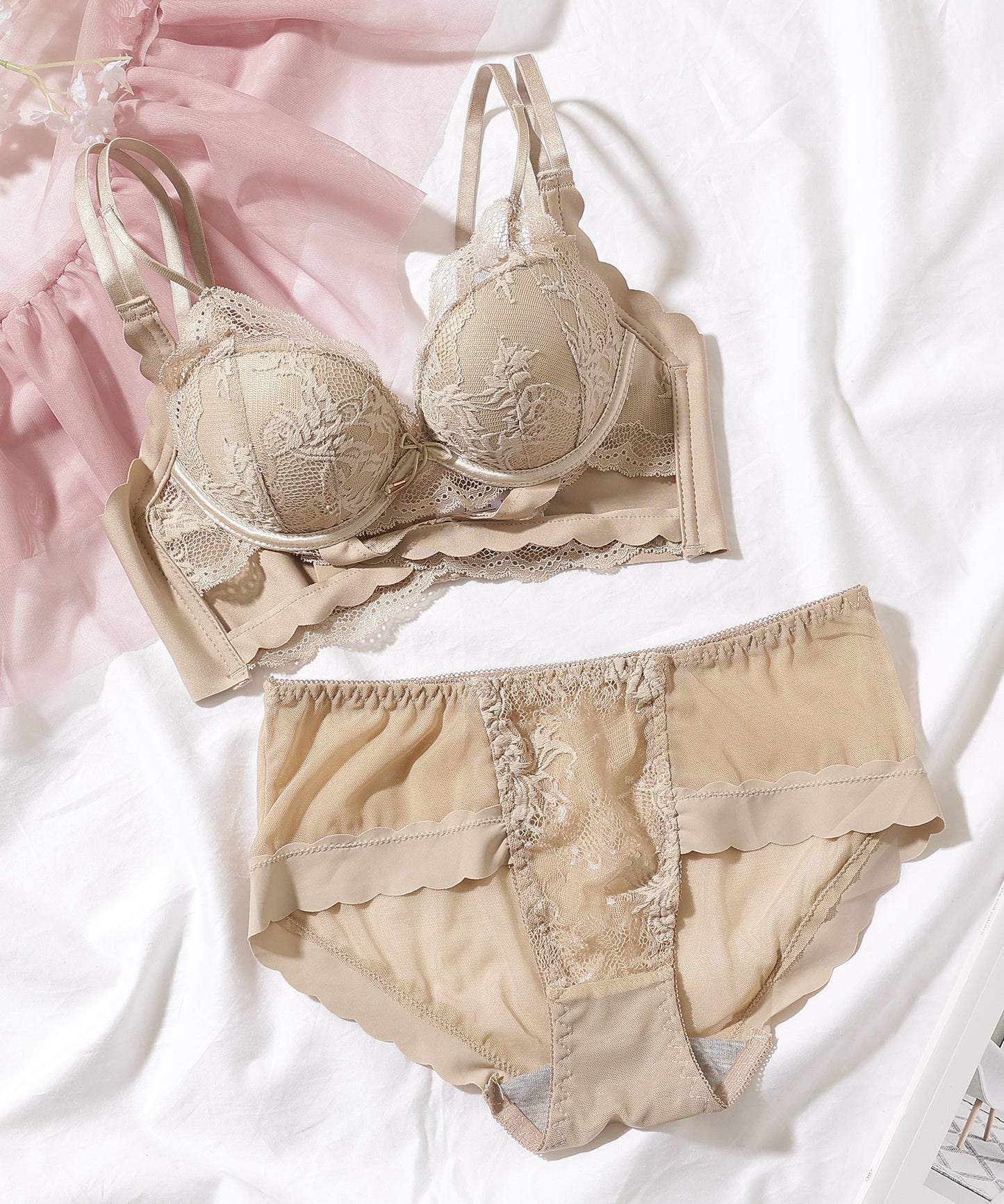 【2点セット】クロスライン スカラップ レース ブラジャー&ショーツ