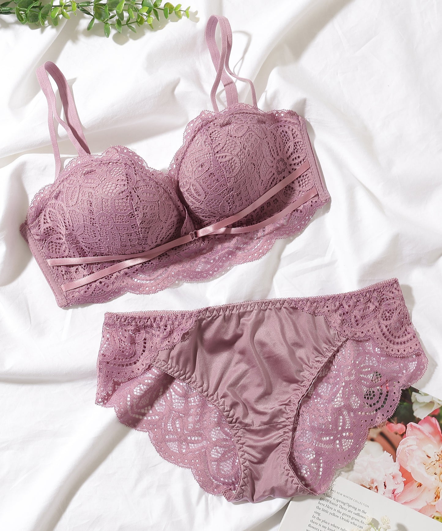 【2点セット】 ロマンチック レース リボン付き ブラジャー&ショーツ