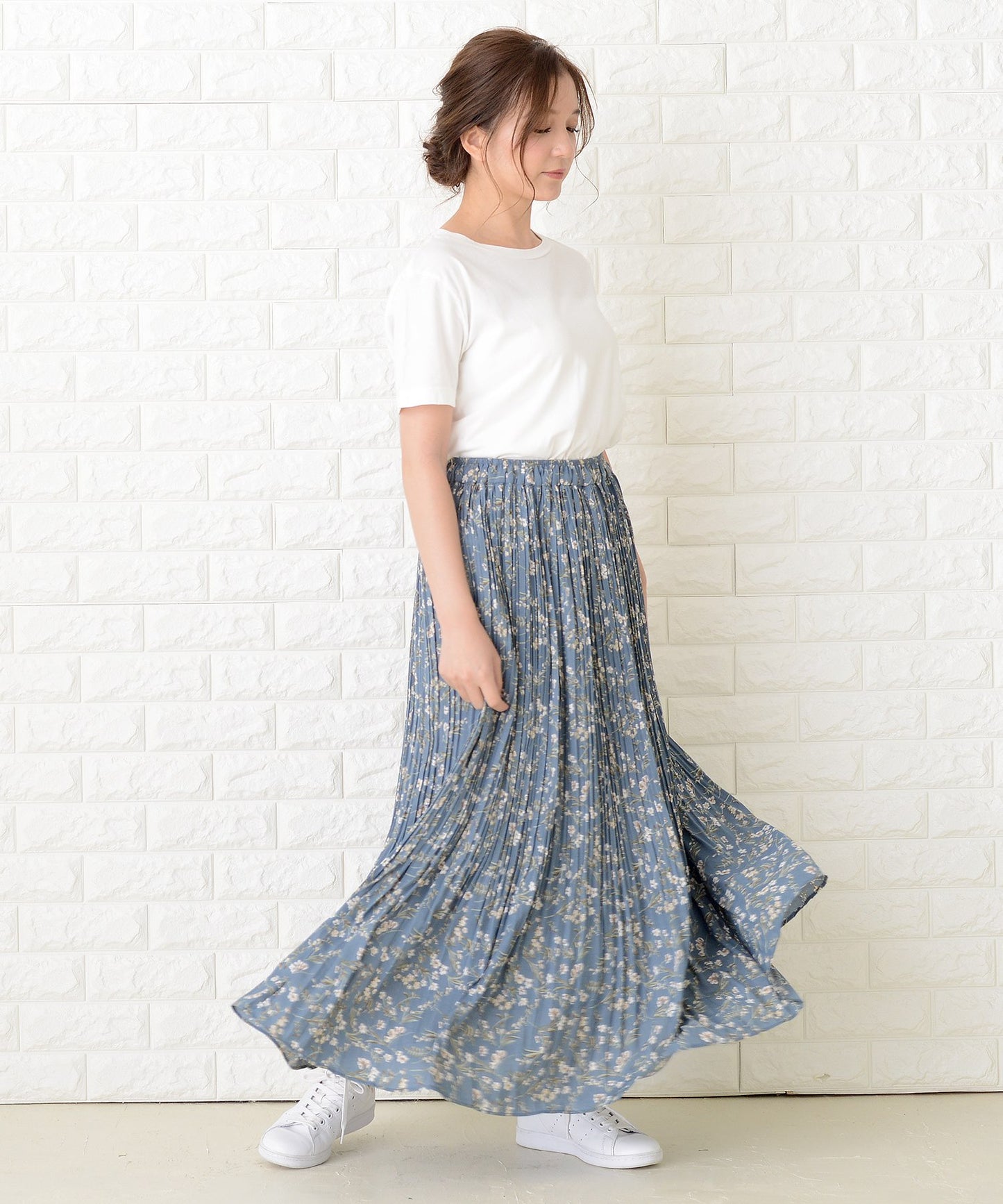 花柄 細プリーツ ロング フレア スカート