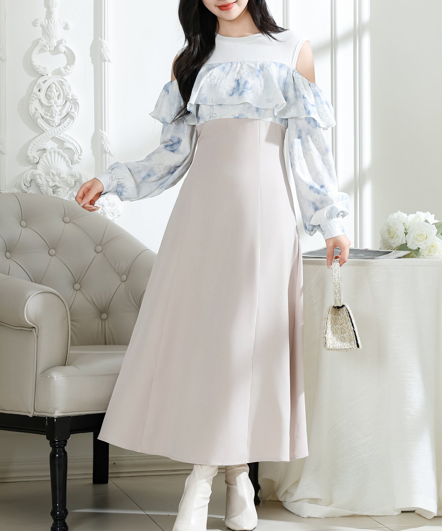 花柄 オフショル ブラウス ドッキング ロング ワンピース