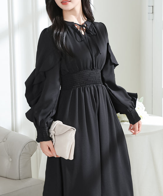 袖フリル ウエスト シャーリング 長袖 フレア ワンピース