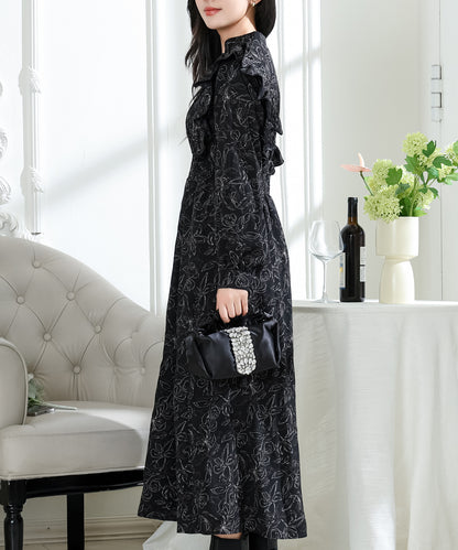 フラワー プリント フリル スタンドカラー ワンピース
