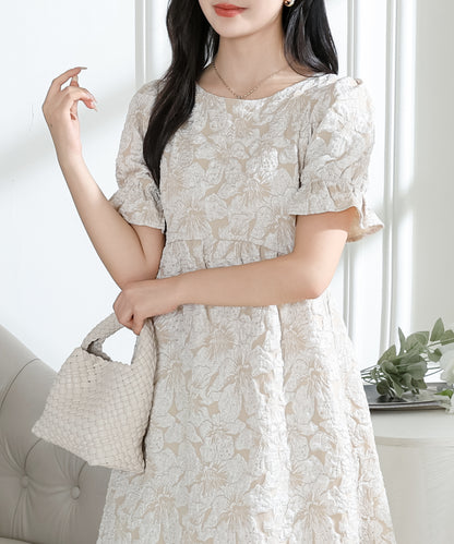 フラワー ジャガード パフスリーブ フレア ワンピース