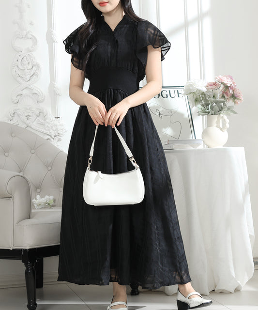 シアー タータンチェック フレア袖 ギャザー ワンピース レディース