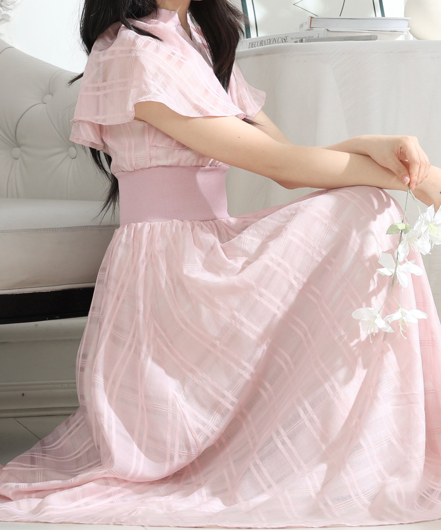 シアー タータンチェック フレア袖 ギャザー ワンピース レディース