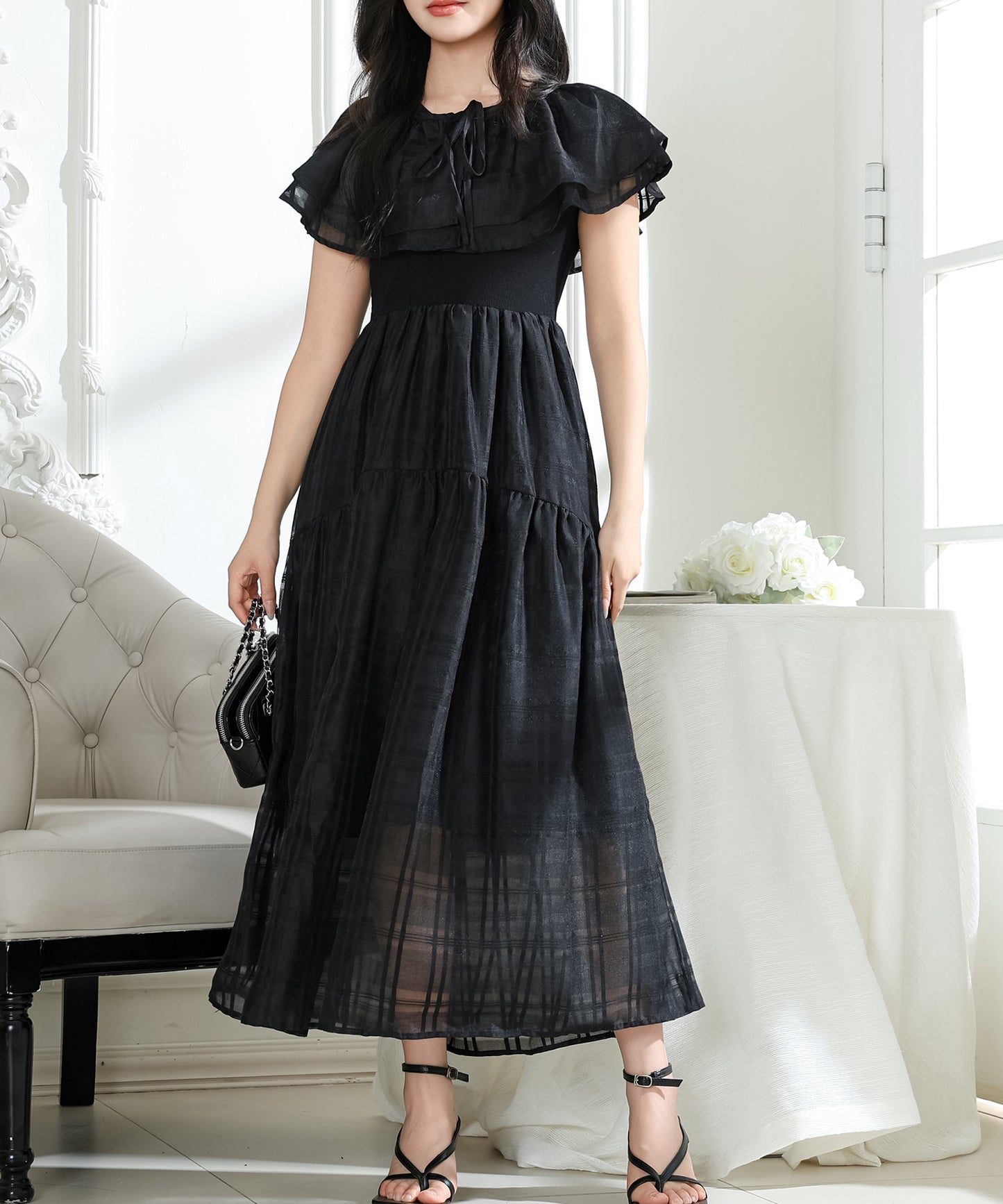 2WAY ケープ付き シアー チェック ノースリーブ ワンピース