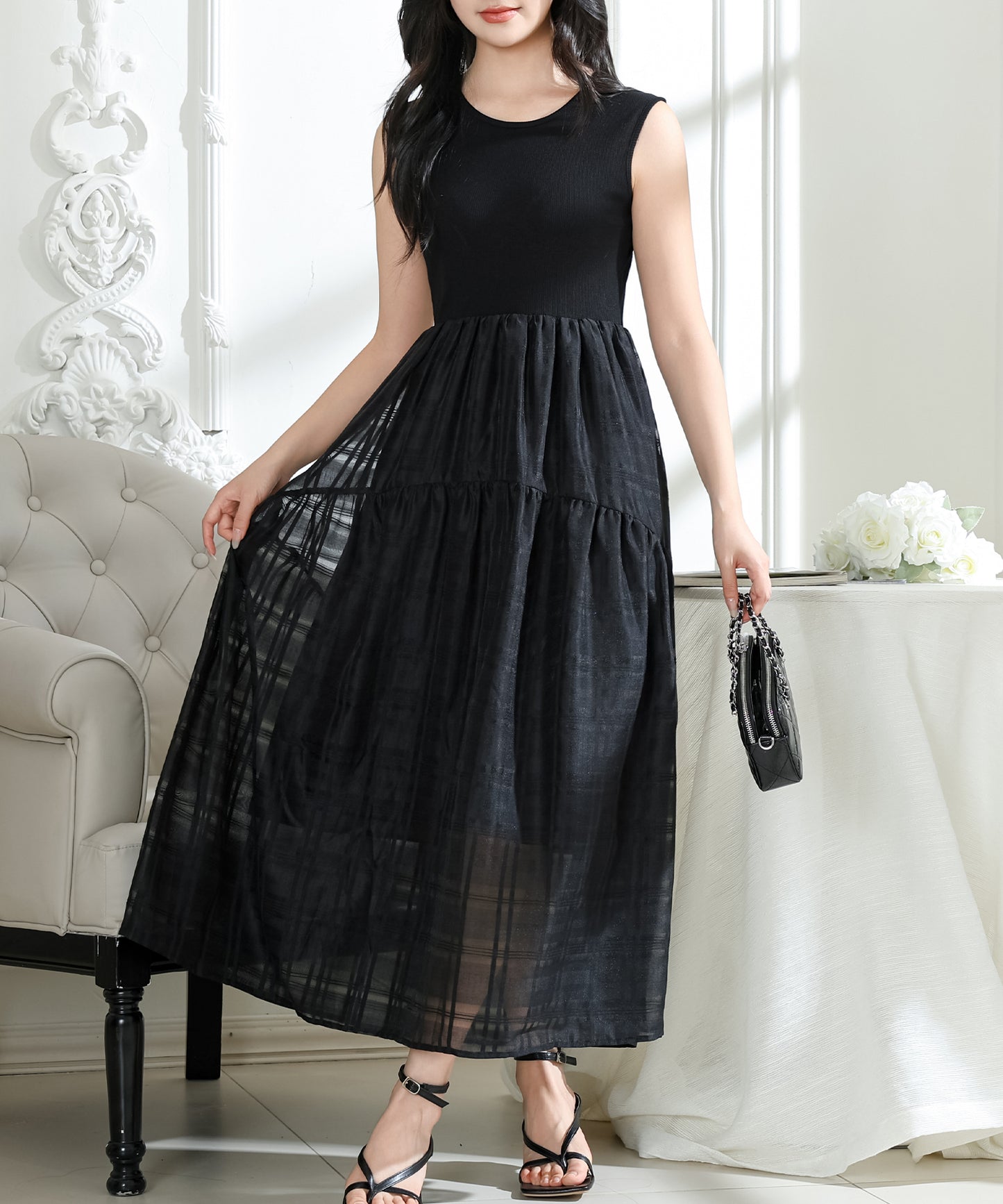 2WAY ケープ付き シアー チェック ノースリーブ ワンピース