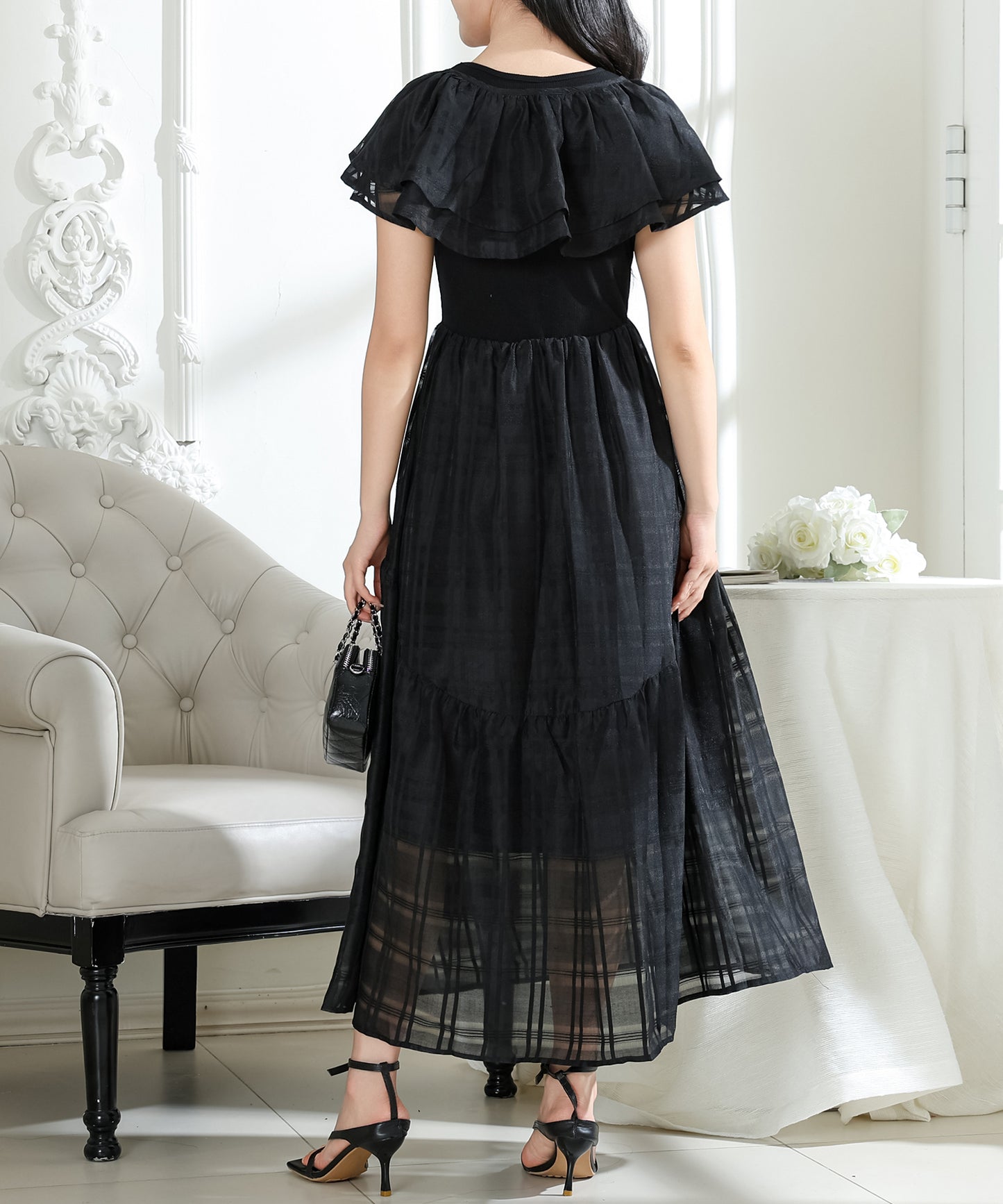 2WAY ケープ付き シアー チェック ノースリーブ ワンピース