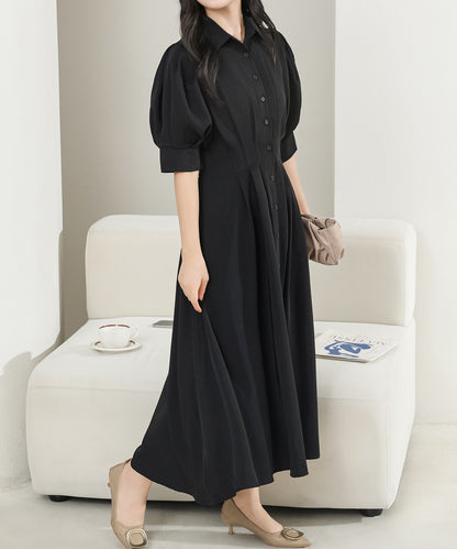バックレースアップ パフスリーブ ロング シャツ ワンピース