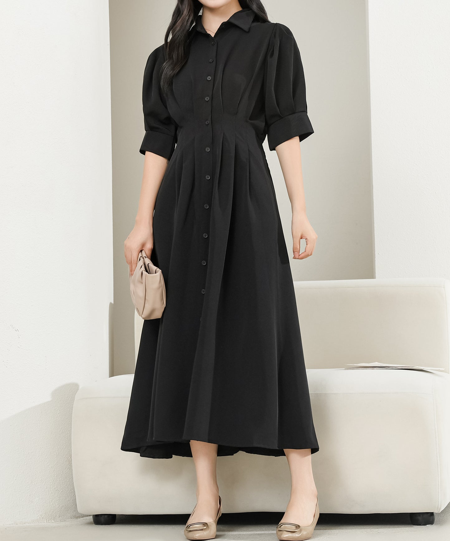 バックレースアップ パフスリーブ ロング シャツ ワンピース