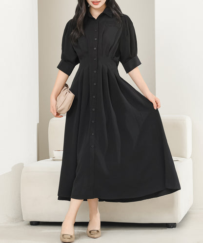 バックレースアップ パフスリーブ ロング シャツ ワンピース