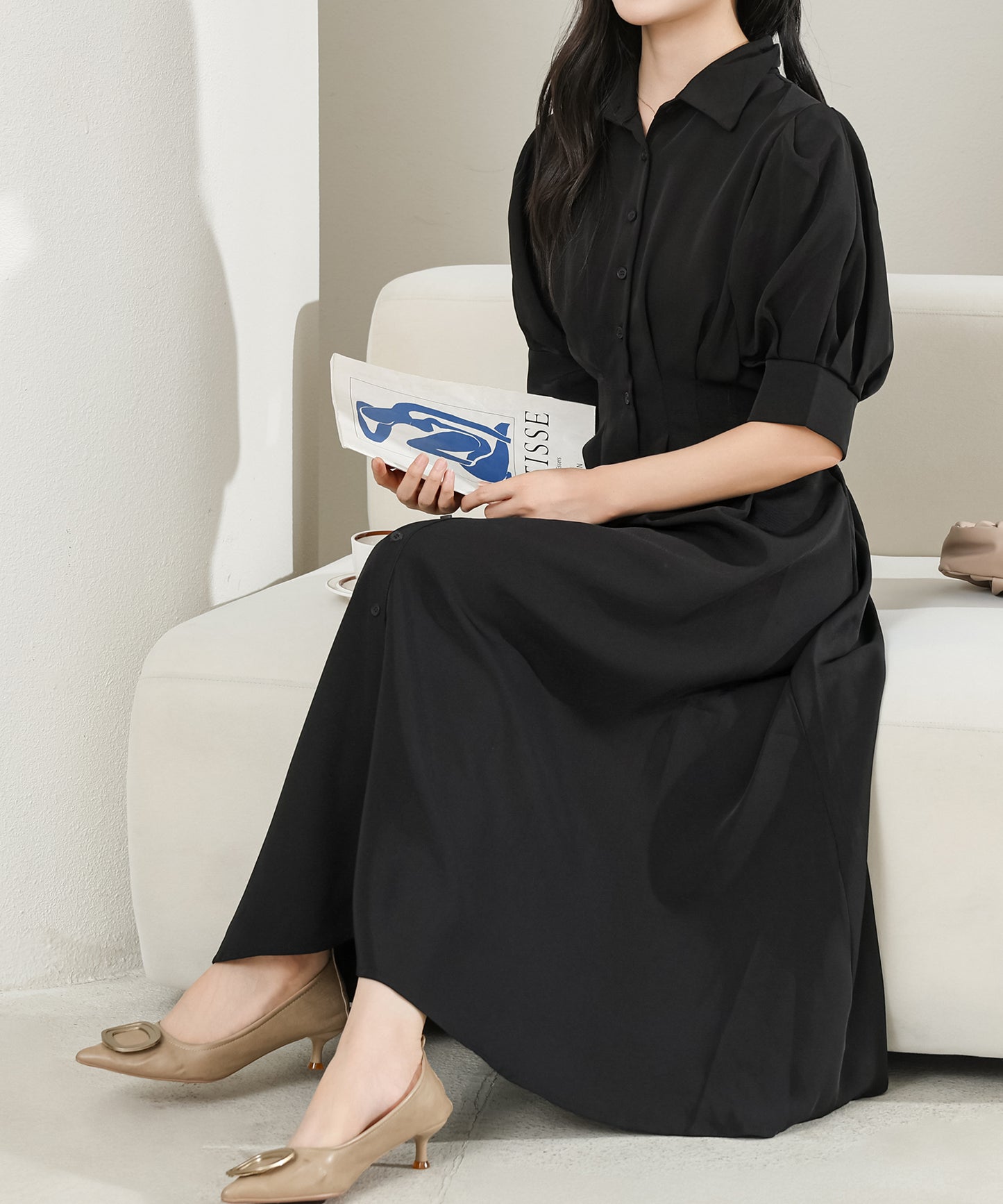 バックレースアップ パフスリーブ ロング シャツ ワンピース