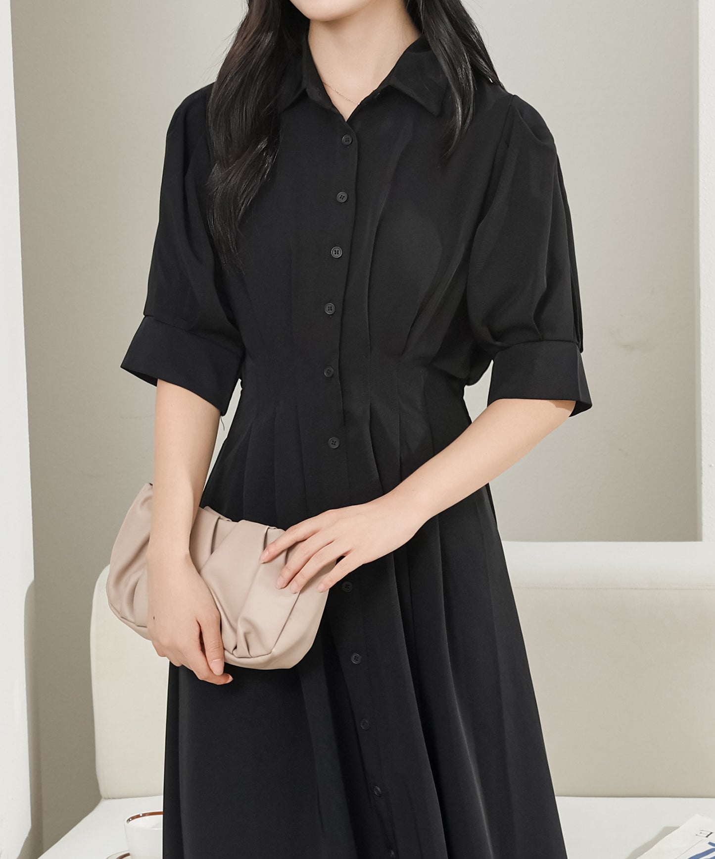 バックレースアップ パフスリーブ ロング シャツ ワンピース