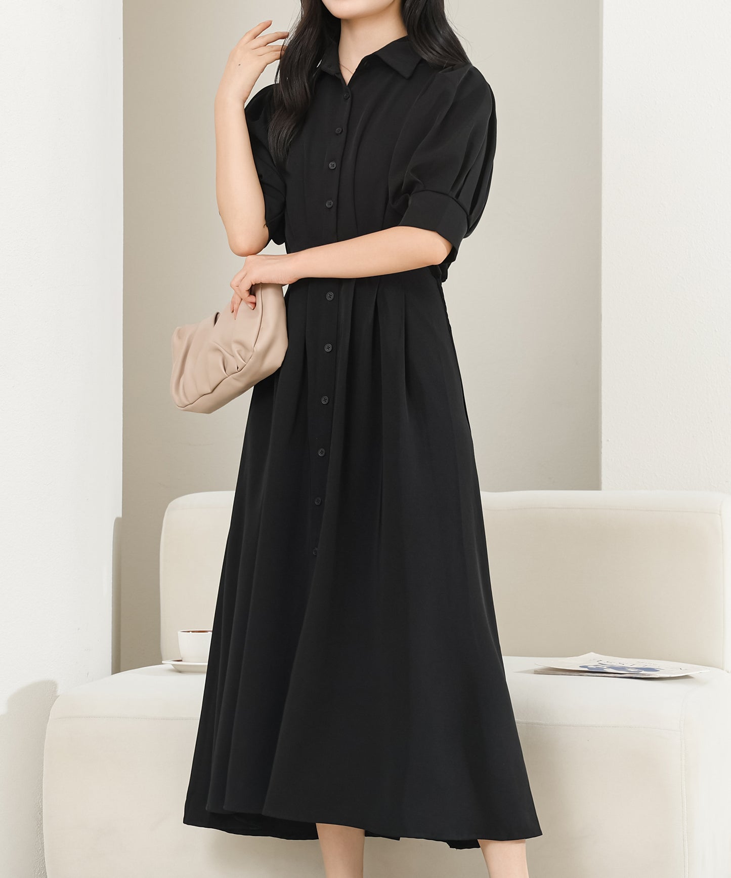 バックレースアップ パフスリーブ ロング シャツ ワンピース