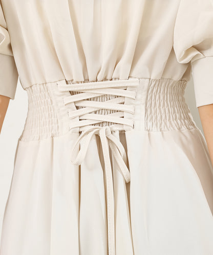 バックレースアップ パフスリーブ ロング シャツ ワンピース