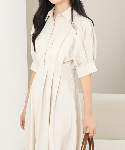 バックレースアップ パフスリーブ ロング シャツ ワンピース