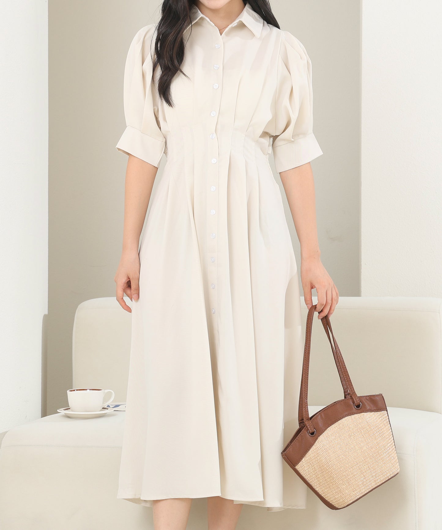 バックレースアップ パフスリーブ ロング シャツ ワンピース