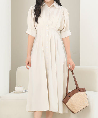 バックレースアップ パフスリーブ ロング シャツ ワンピース