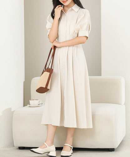 バックレースアップ パフスリーブ ロング シャツ ワンピース