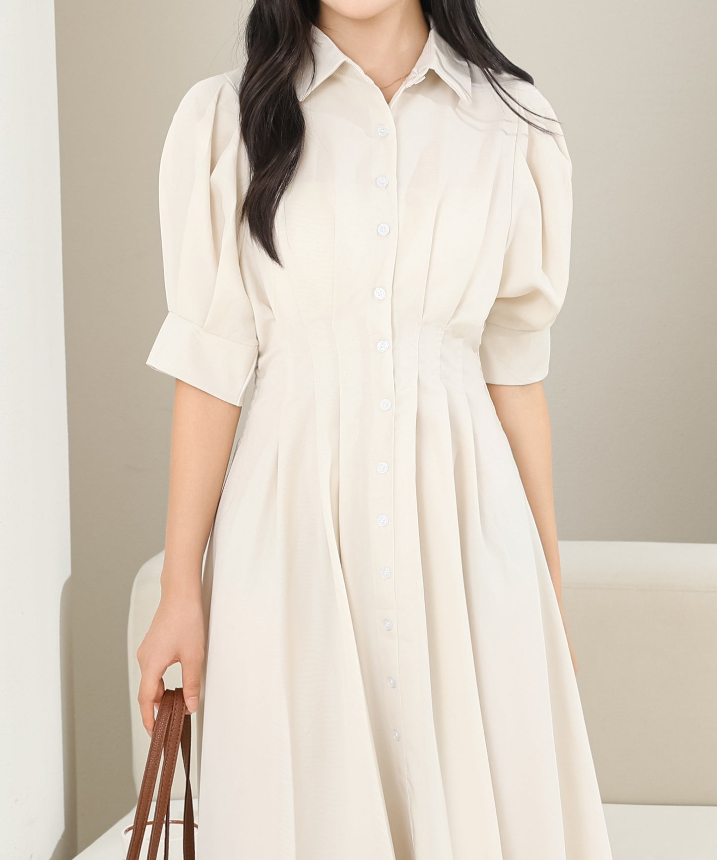 バックレースアップ パフスリーブ ロング シャツ ワンピース