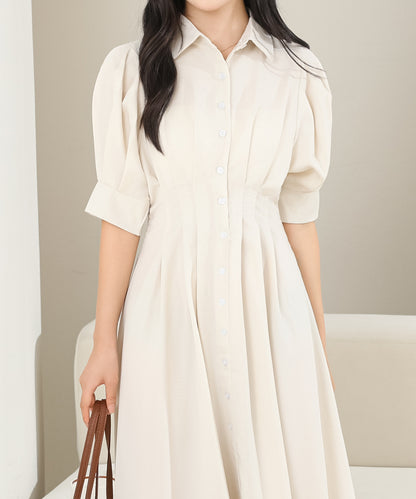 バックレースアップ パフスリーブ ロング シャツ ワンピース