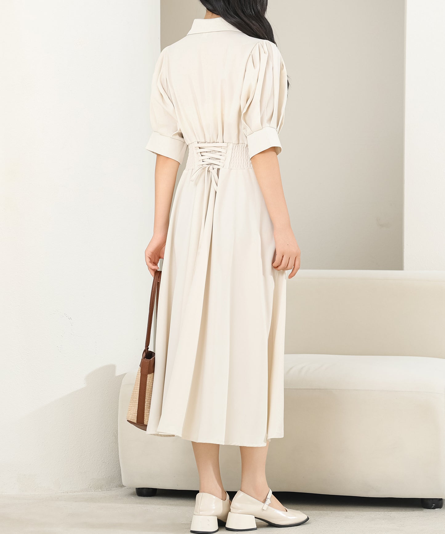 バックレースアップ パフスリーブ ロング シャツ ワンピース