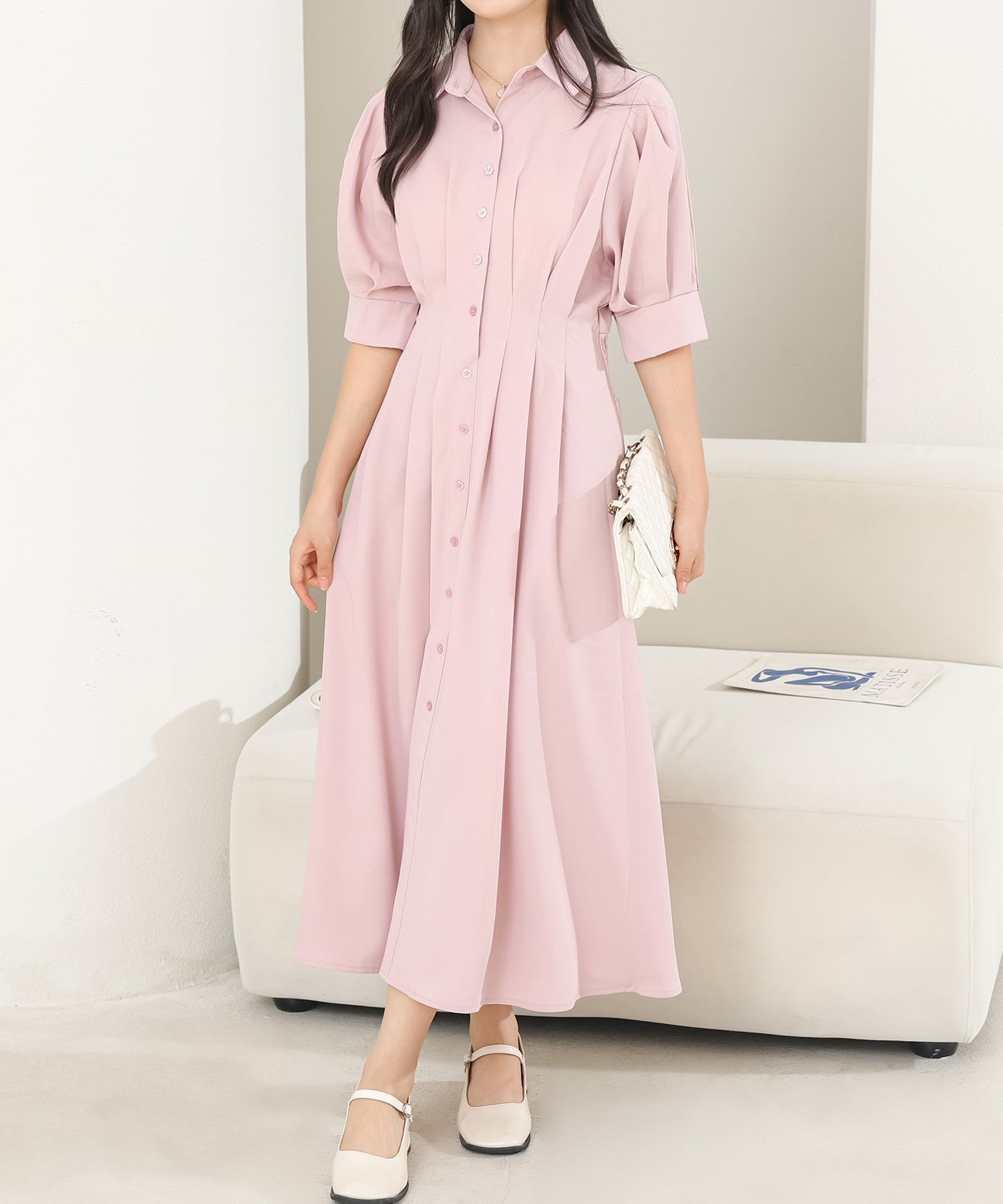 バックレースアップ パフスリーブ ロング シャツ ワンピース