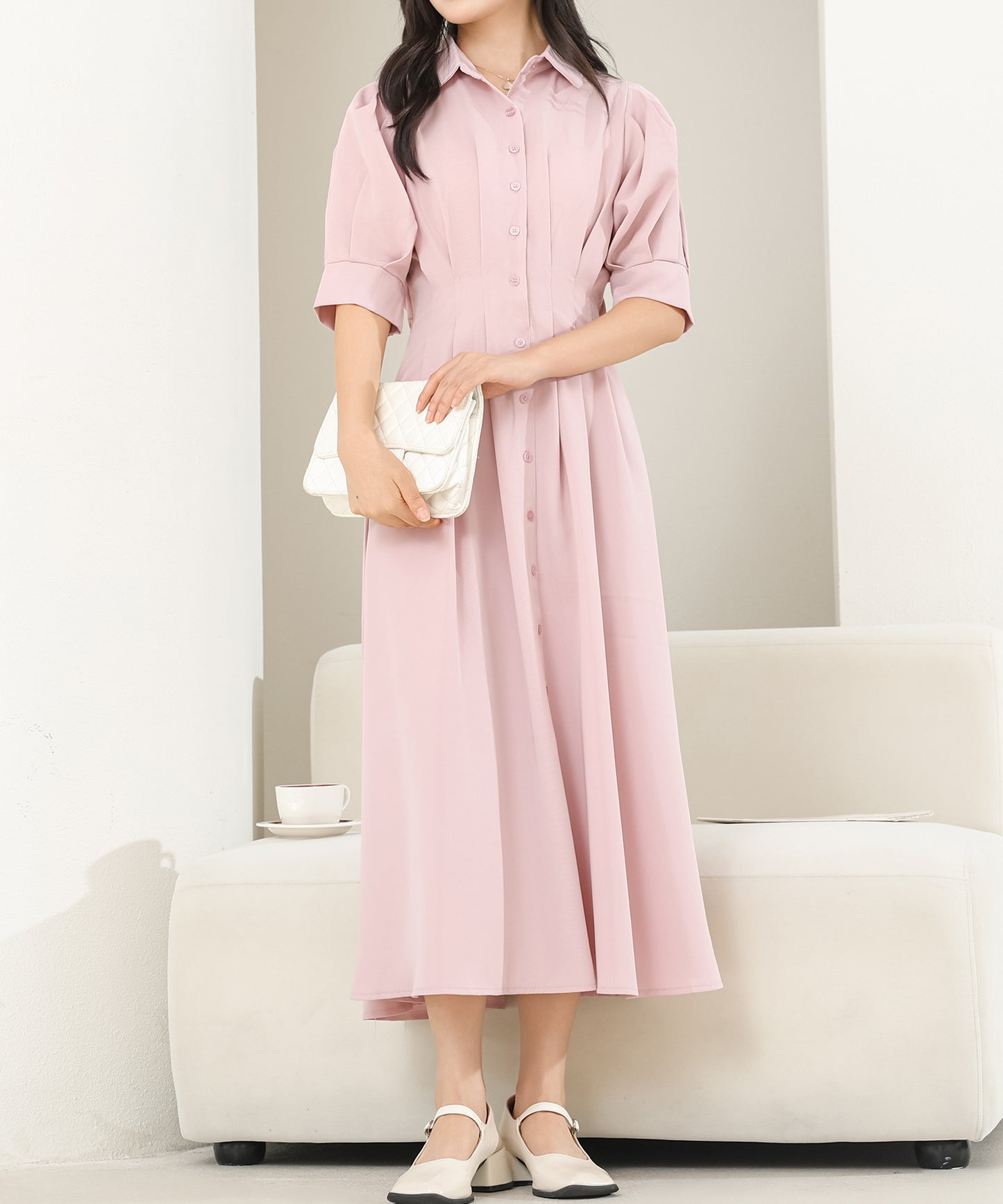 バックレースアップ パフスリーブ ロング シャツ ワンピース