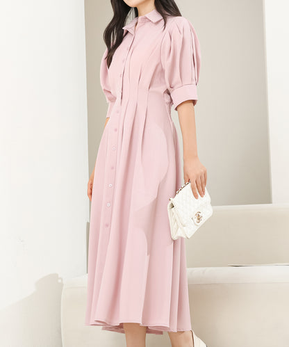 バックレースアップ パフスリーブ ロング シャツ ワンピース