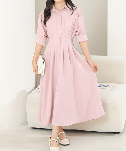 バックレースアップ パフスリーブ ロング シャツ ワンピース