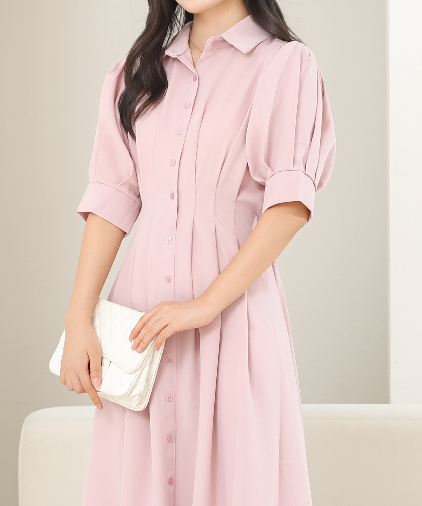 バックレースアップ パフスリーブ ロング シャツ ワンピース