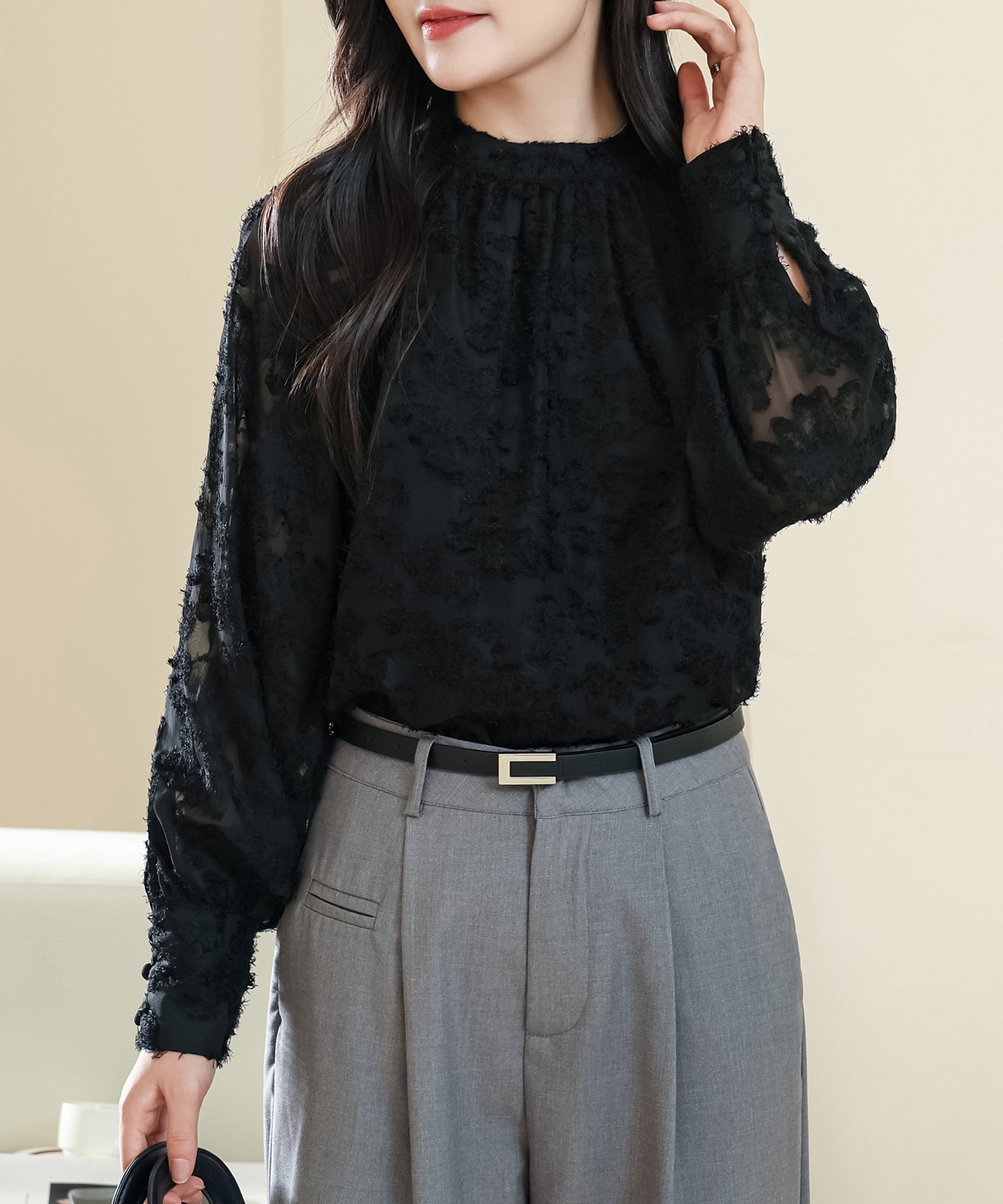 花柄 シャギー ボリューム袖 ギャザー シアー ブラウス