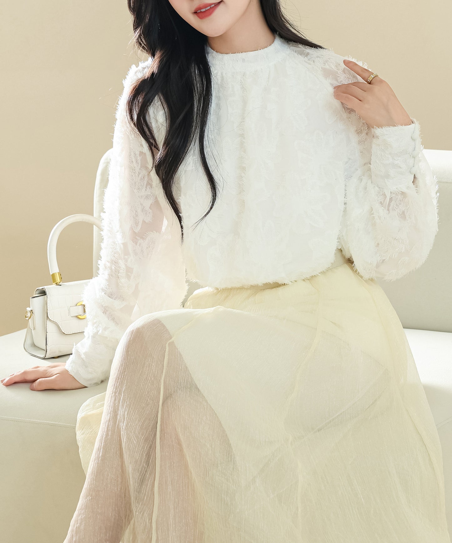 花柄 シャギー ボリューム袖 ギャザー シアー ブラウス