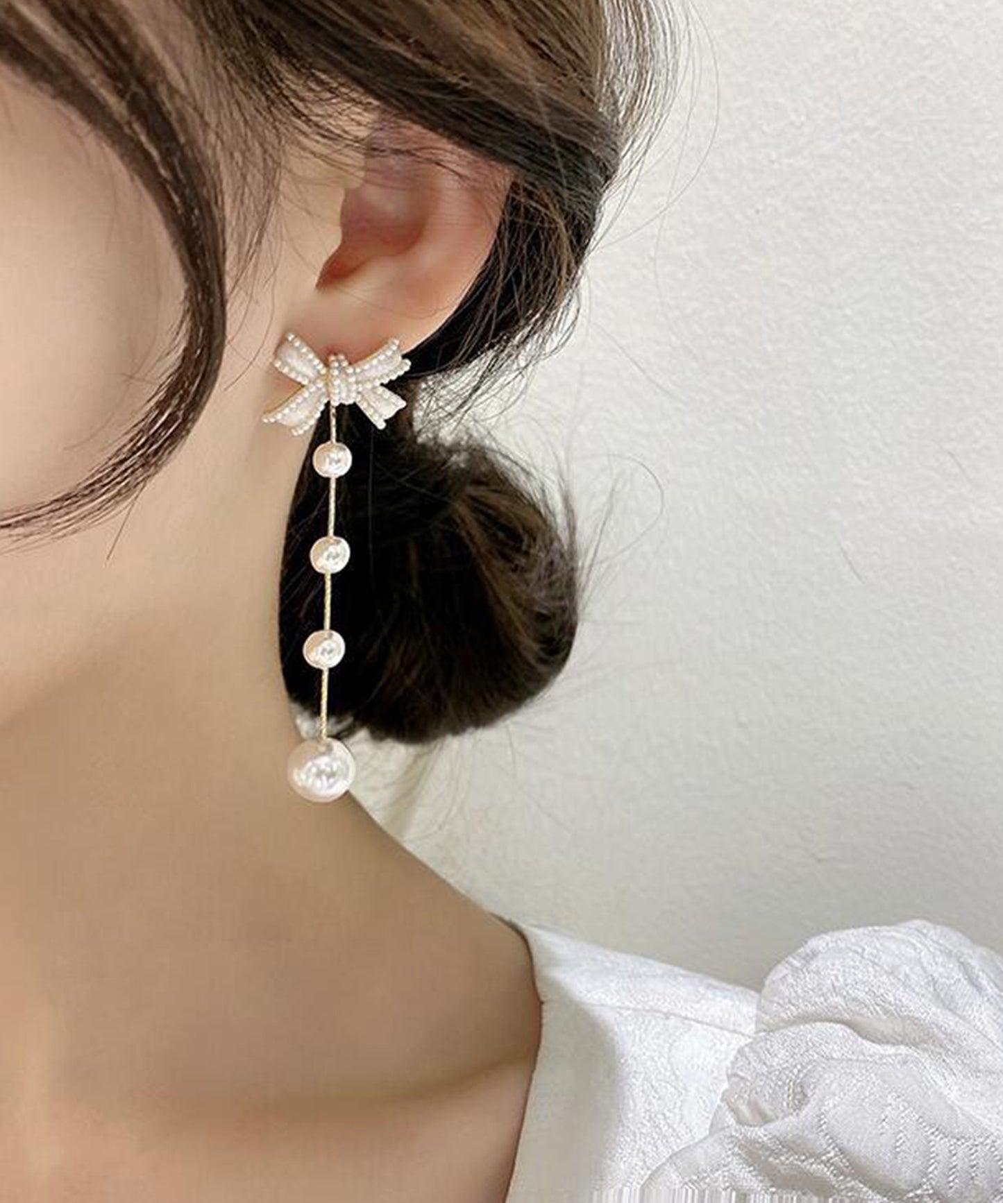 パール リボン ロング チェーン ピアス