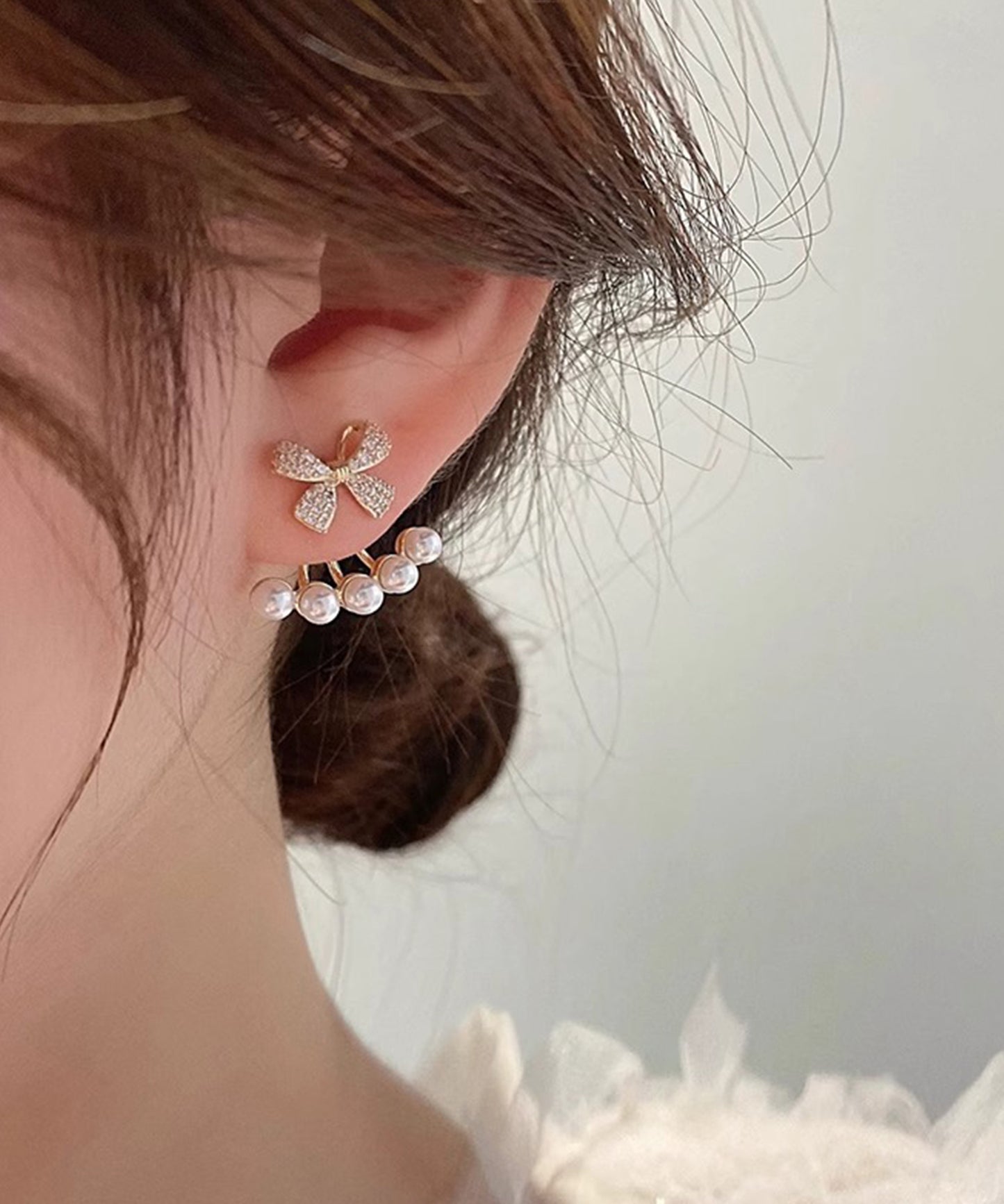 ビジュー リボン 5連 パール ピアス