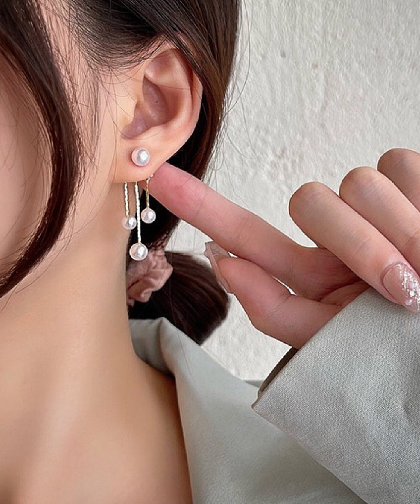 パール / ビジュー チェーン スイング フリンジ ピアス