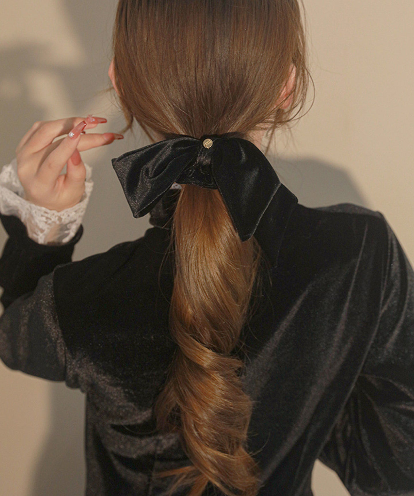 ベロア調 ビッグ リボン シュシュ ヘアゴム