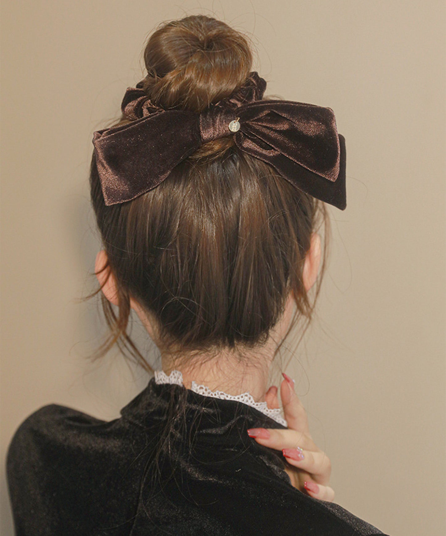 ベロア調 ビッグ リボン シュシュ ヘアゴム