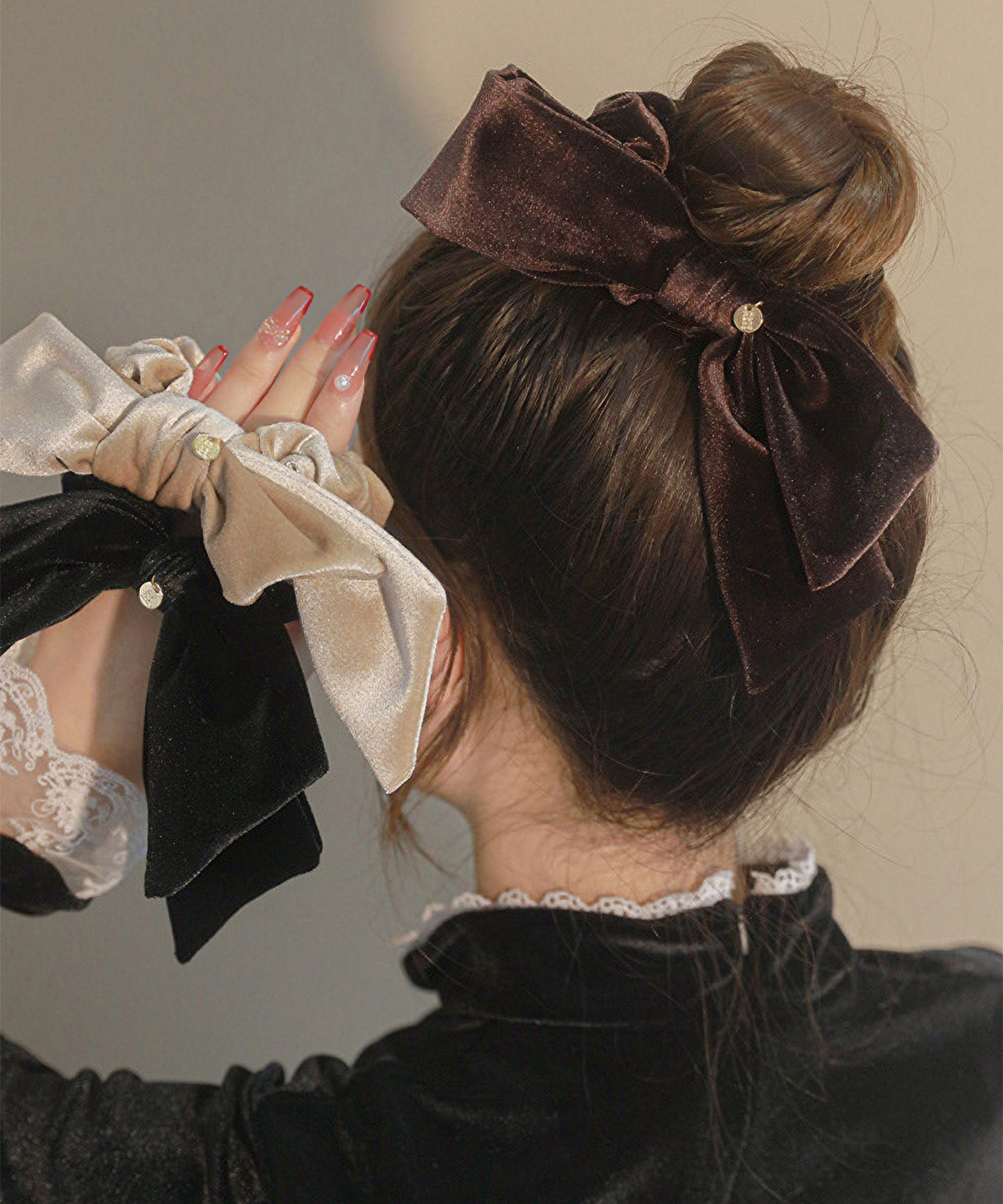 ベロア調 ビッグ リボン シュシュ ヘアゴム